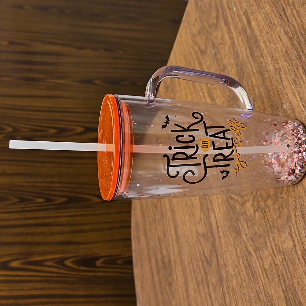 Halloween Themed Orange Glitter Trick or Treat Tumbler with lid & straw